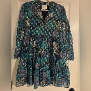 STS Sail to Sable Floral Silk Teal, Blue anf Gold Metallic Dress SIZE M